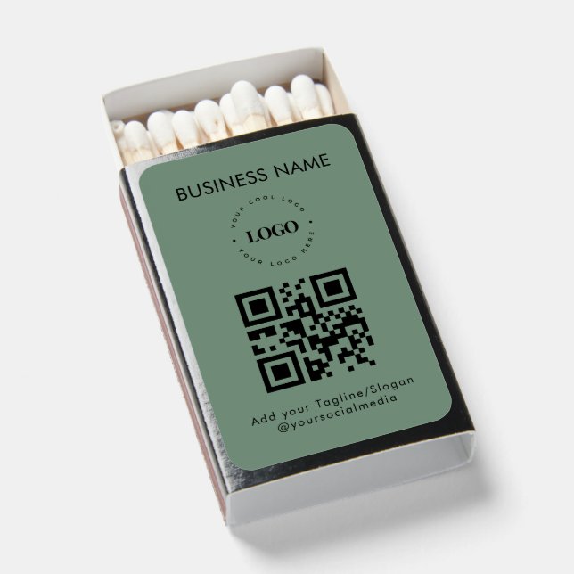 Sage Green Simple Custom Business Logo Qr Code Matchboxes (Front Open)