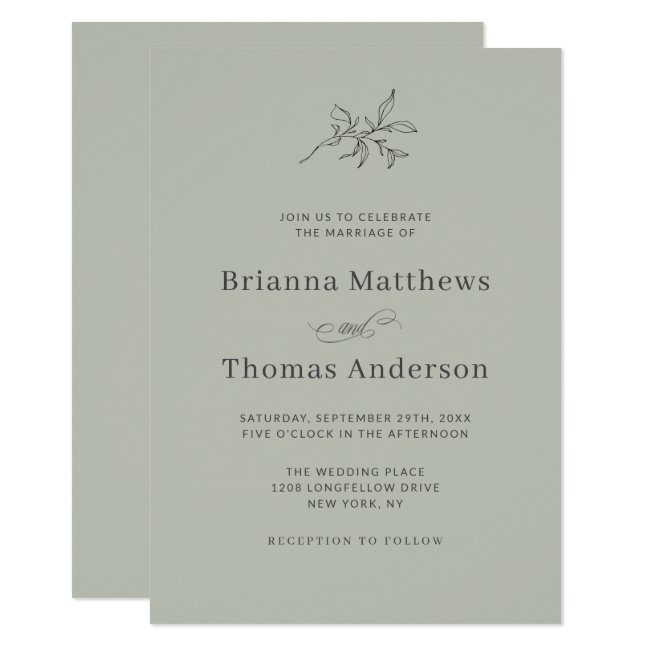 Sage Green Simple Elegant Minimalist Wedding Invitation