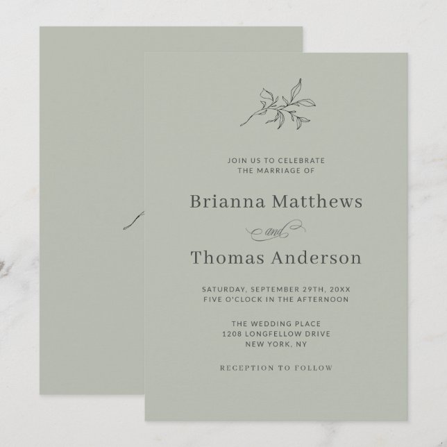 Sage Green Simple Elegant Minimalist Wedding Invitation (Front/Back)