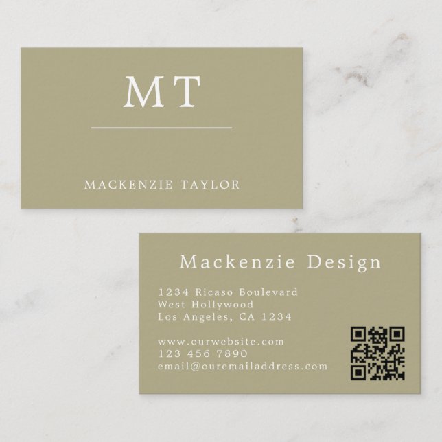 Sage Green Simple Elegant Professional QR Code Business Card (Front/Back)