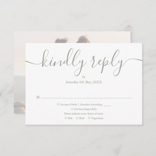 Sage Green Simple Elegant Script Photo Wedding RSVP Card