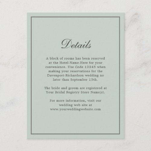 Sage Green Simple Elegant Wedding Info Details Enclosure Card