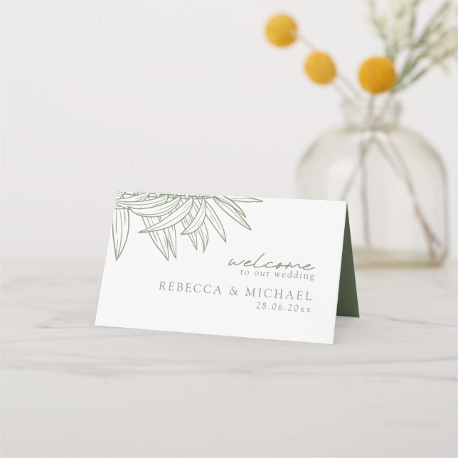 Sage Green Simple Hand Drawn Botanical Folded  Place Card (Back)