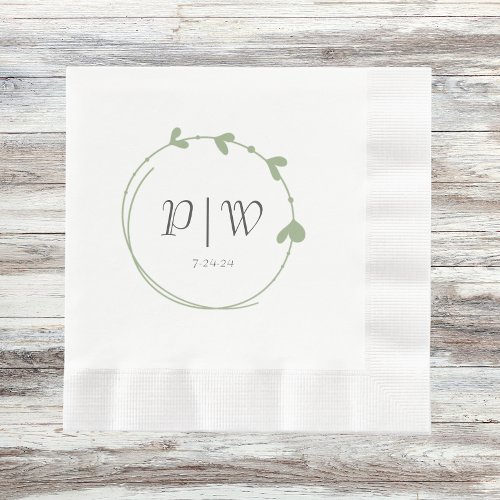 Sage Green Simple Heart Wreath Initials Wedding Napkins