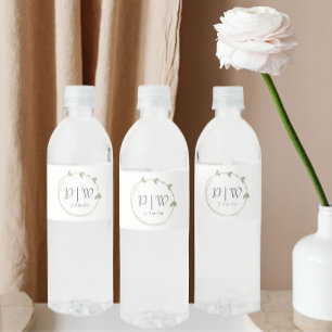 Sage Green Simple Heart Wreath Monogram Wedding Water Bottle Label