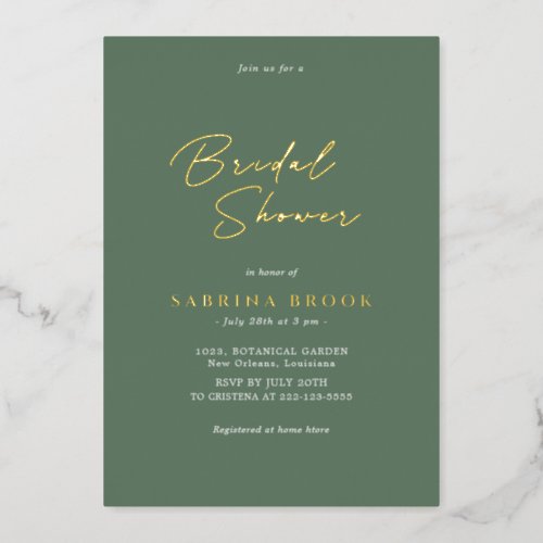  Sage Green   Simple Minimalist Bridal Shower  Foil Invitation