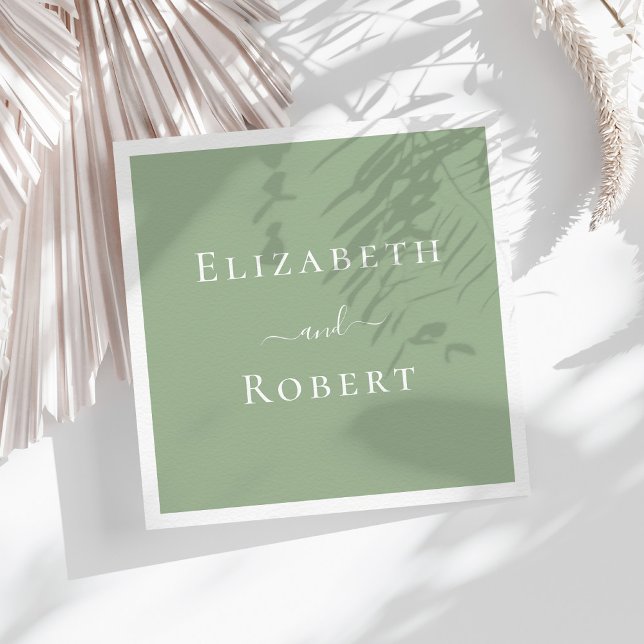 Sage Green Simple Minimalist Couple Names Wedding Napkins (Sage Green Simple Minimalist Couple Names Wedding Napkins on a sunny table with white dry flowers)