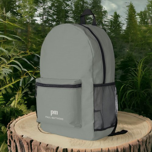 Sage Green Simple Minimalist Monogram and Name Printed Backpack