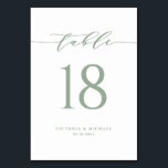 Sage Green Simple Minimalist Script Wedding Table Number<br><div class="desc">Add an elegant sage green and white accent to your event with these customizable table numbers cards. It features a simple calligraphy script and classic typography. Personalize by adding names, dates and table numbers. This sage green table number card is perfect for weddings, bridal, baby showers, and so much more....</div>