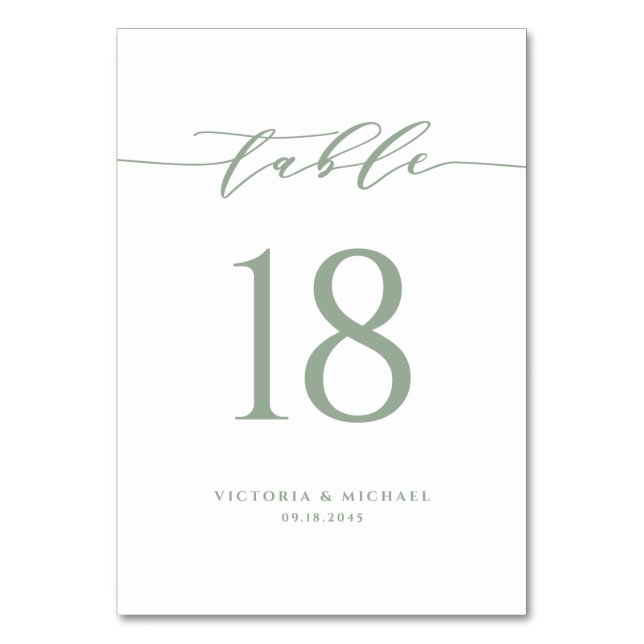 Sage Green Simple Minimalist Script Wedding Table Number (Front)