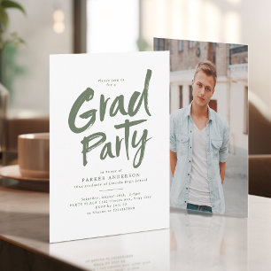 Sage Green Simple Modern Brush Script Grad Party Invitation