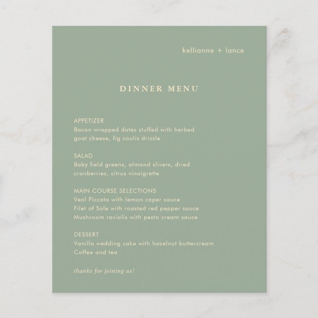 Sage Green Simple Modern Budget Wedding Menu Flyer (Front)