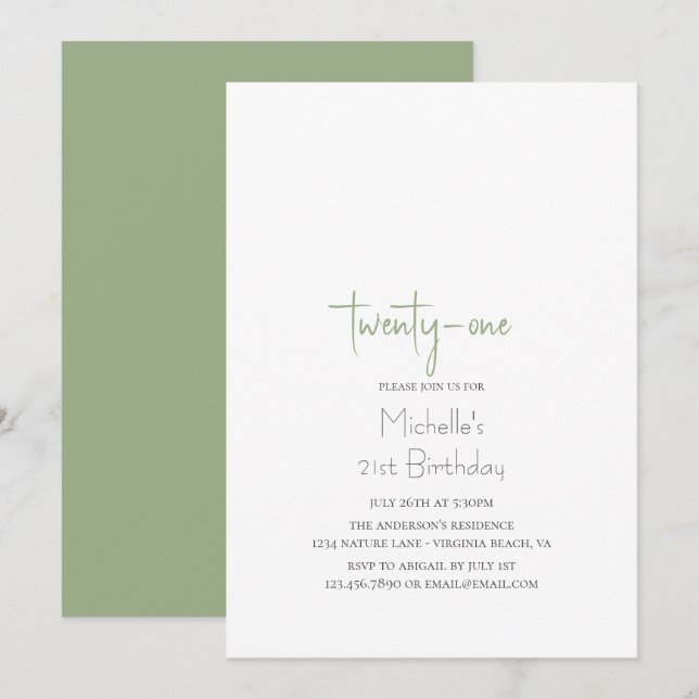 Sage Green Simple Modern Minimalist 21st Birthday Invitation (Front/Back)