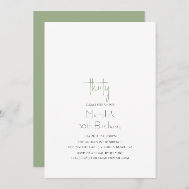 Sage Green Simple Modern Minimalist 30th Birthday Invitation (Front/Back)