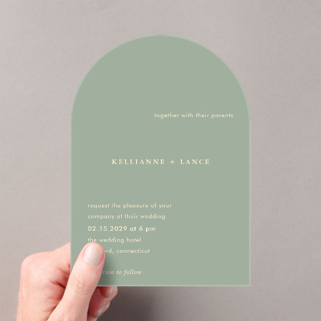 Sage Green Simple Modern Wedding Acrylic Invitations (Insitu (Handheld))