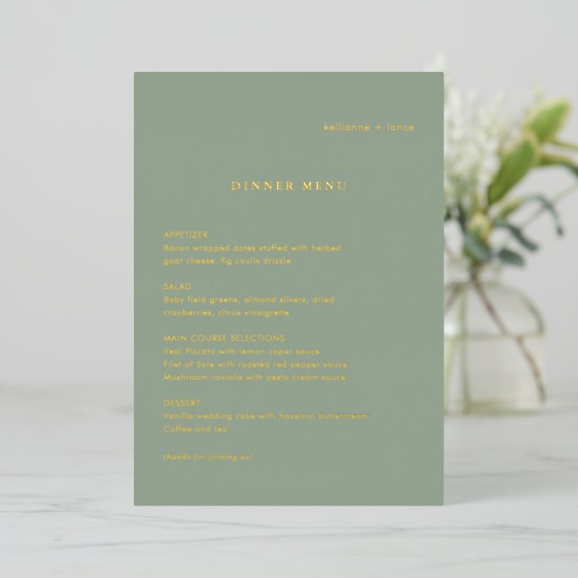 Sage Green Simple Modern Wedding Foil Menu Foil Invitation (Standing Front)