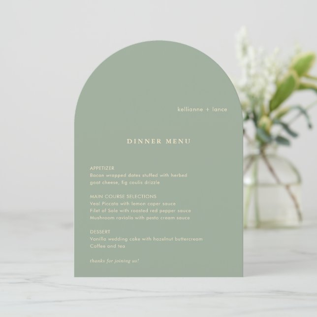 Sage Green Simple Modern Wedding Menu Invitation (Standing Front)