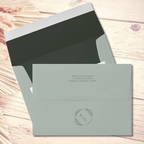 Sage Green Simple Monogram Leaves Wedding Envelope