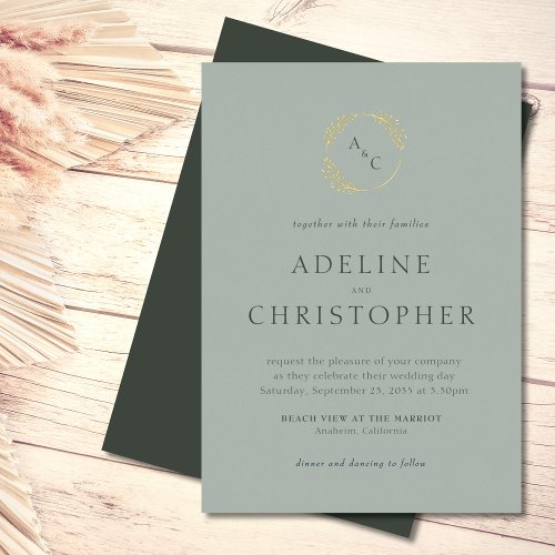 Sage Green Simple Monogram Leaves Wedding Foil Invitation