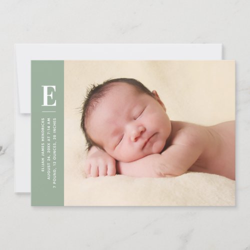 Sage Green Simple Monogram New Baby Photo Birth Announcement
