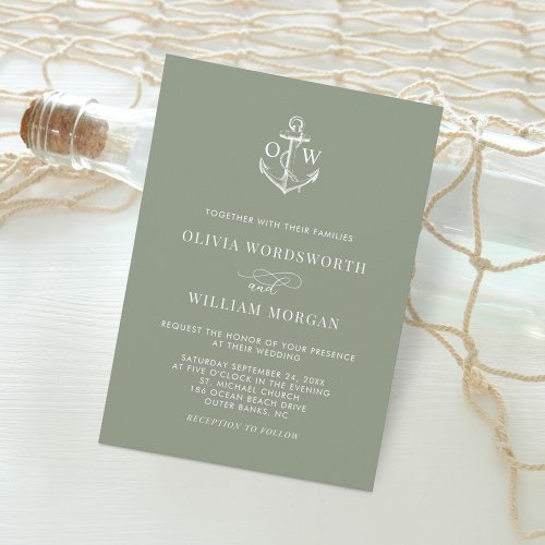 Sage Green Simple Nautical Anchor Monogram Wedding Invitation