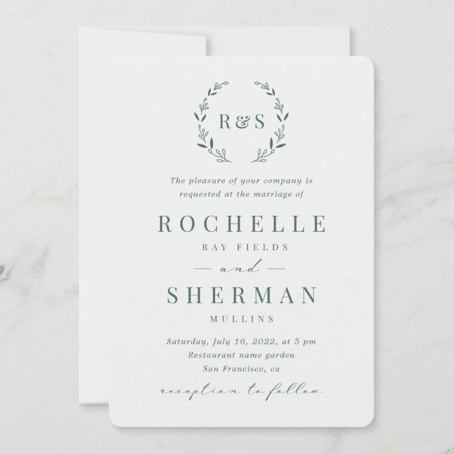 Sage Green Simple Rustic Leaf Monogram Wedding Invitation (Front)