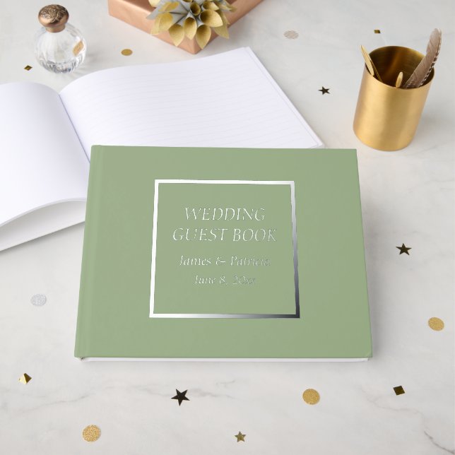 Sage Green Simple Stylized Lettering Wedding Foil Guest Book (Front Open)