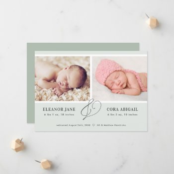 Sage Green Simple Twins Photo Birth Announcement by dulceevents at Zazzle