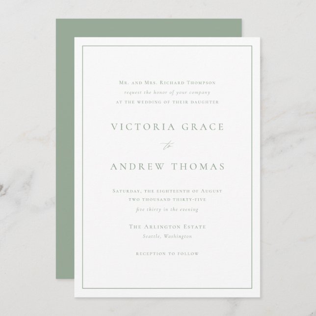 Sage Green Simple Typography Formal Wedding Invitation (Front/Back)