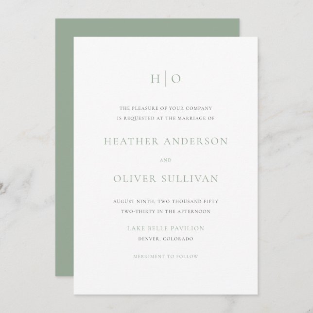 Sage Green Simple Typography Monogram Wedding Invitation (Front/Back)