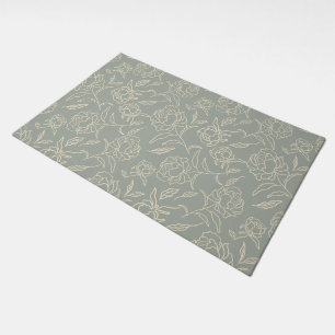 Sage Green Sketched Peonies Floral Doormat
