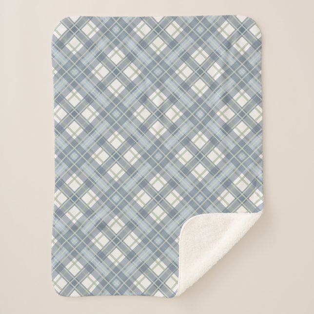 Sage Green, Slate Blue and Cream Plaid Sherpa Blanket (Front)