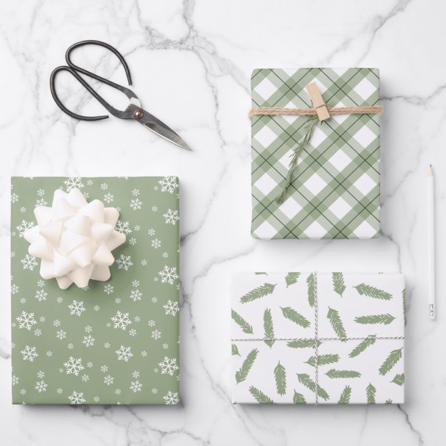 Sage Green Snowflakes Pine Plaid Holiday Patterns Wrapping Paper Sheets (Front)
