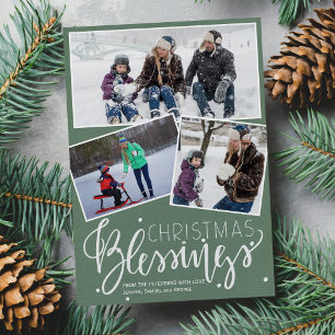 Sage green snowing Christmas blessings 3 photos Holiday Card