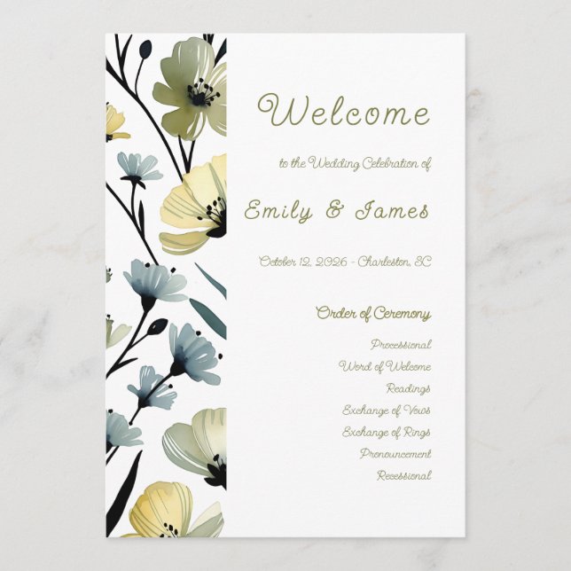 Sage Green & Soft Yellow Botanical Weddin Program (Front)