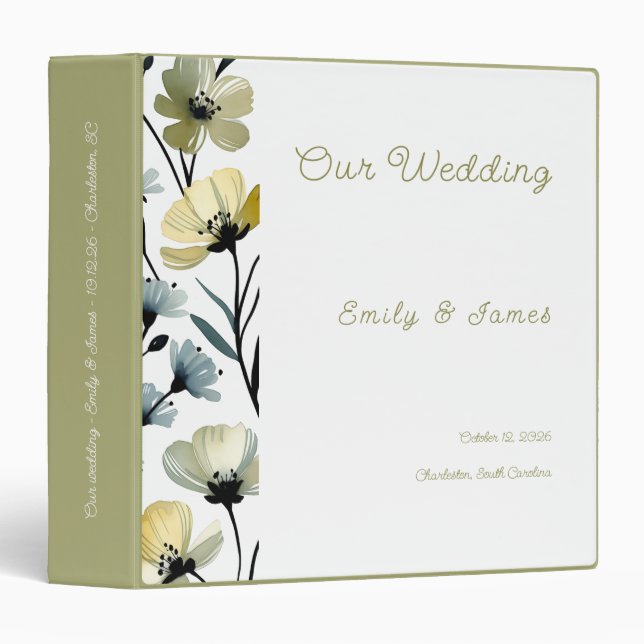 Sage Green & Soft Yellow Botanical Wedding 3 Ring Binder (Front/Spine)