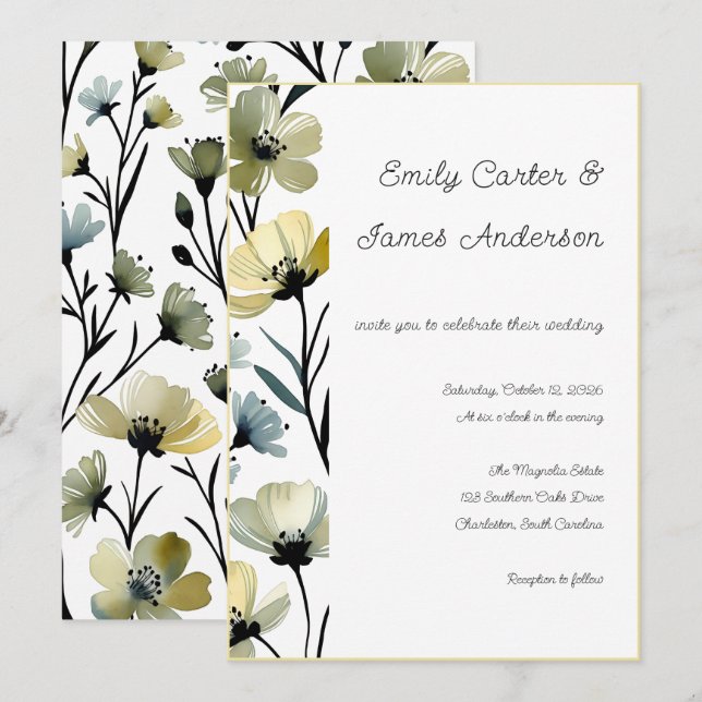 Sage Green & Soft Yellow Botanical Wedding Invitation (Front/Back)