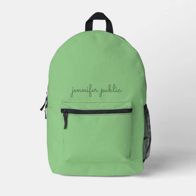 Sage Green Solid Color Elegant Handwritten Name Printed Backpack (Front)