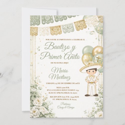 Sage Green Spanish Boy Fiesta Bautizo primer anito Invitation