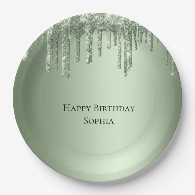 Sage Green Sparkle Glitter Drips Birthday Paper Plates (Front)