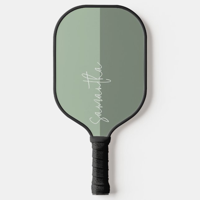 Sage-green split-screen white monogram pickleball paddle (Front)