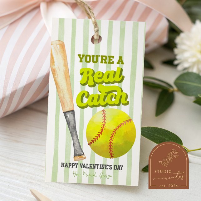 Sage Green Sports Softball Stripe Valentine Tag (Creator Uploaded)