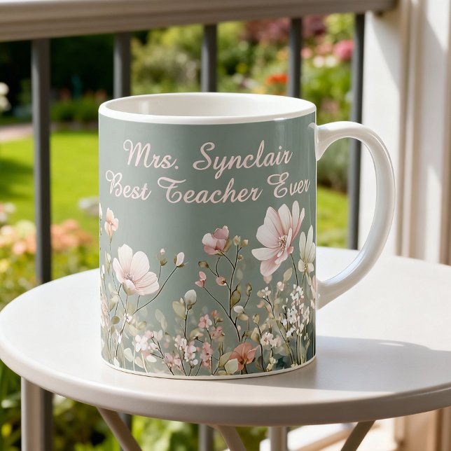 Sage Green Spring Floral Teacher Elegant Script Coffee Mug (Creator Uploaded)