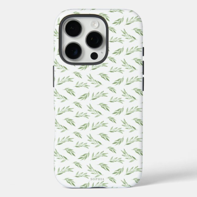 Sage Green Spring Leaves Personalized Name Case-Mate iPhone Case (Back)