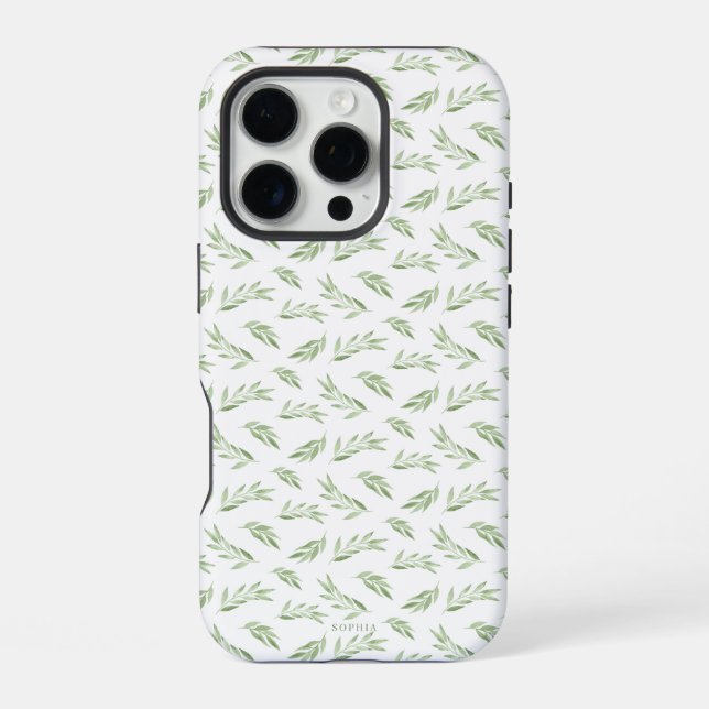 Sage Green Spring Leaves Personalized Name iPhone Case (Back)