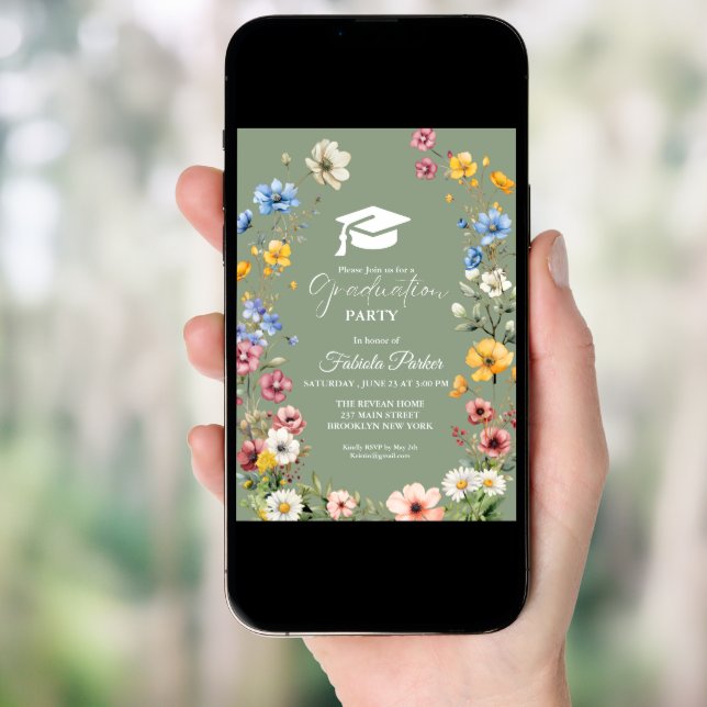 Sage Green Spring Wildflower Garden Graduation Invitation (Front Digital)