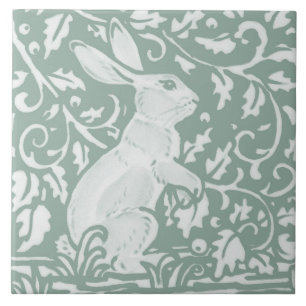 Sage Green Standing Rabbit Intricate Forest Floral Ceramic Tile