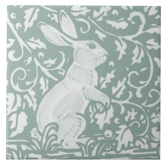 Sage Green Standing Rabbit Intricate Forest Floral Ceramic Tile (Front)