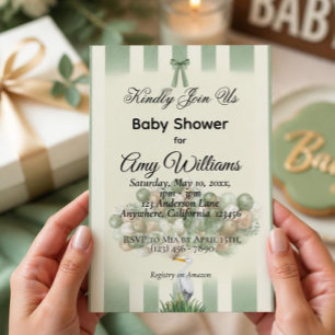 Sage Green Stork Baby Shower Invitation Neutral