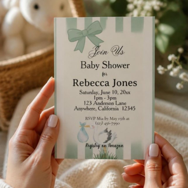 Sage Green Stork Baby Shower Neutral Invitation (Creator Uploaded)